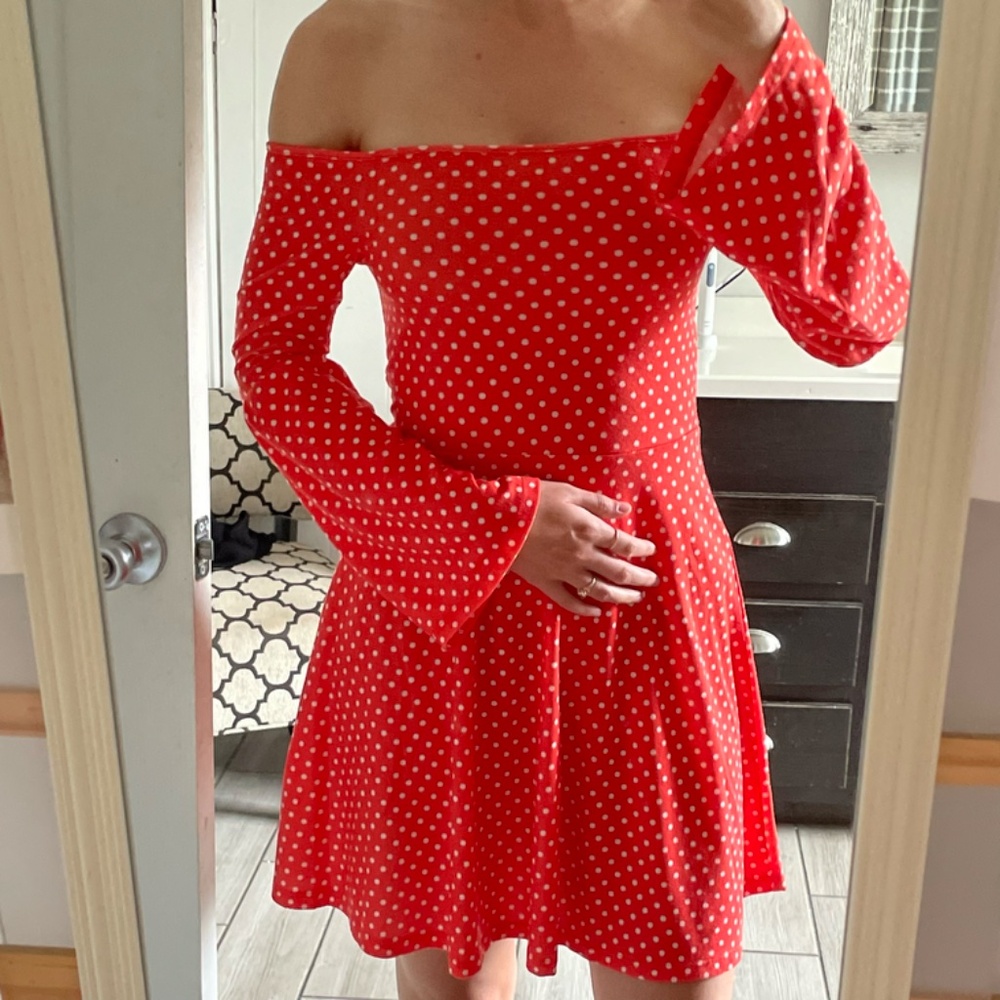 NWOT ASOS Off-the-Shoulder Cotton Mini Dress with Polka Dots & Bell Sleeves